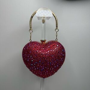 Ramla Amour Raspberry Pink Rhinestone Heart Clutch Evening Bag  $189 New
